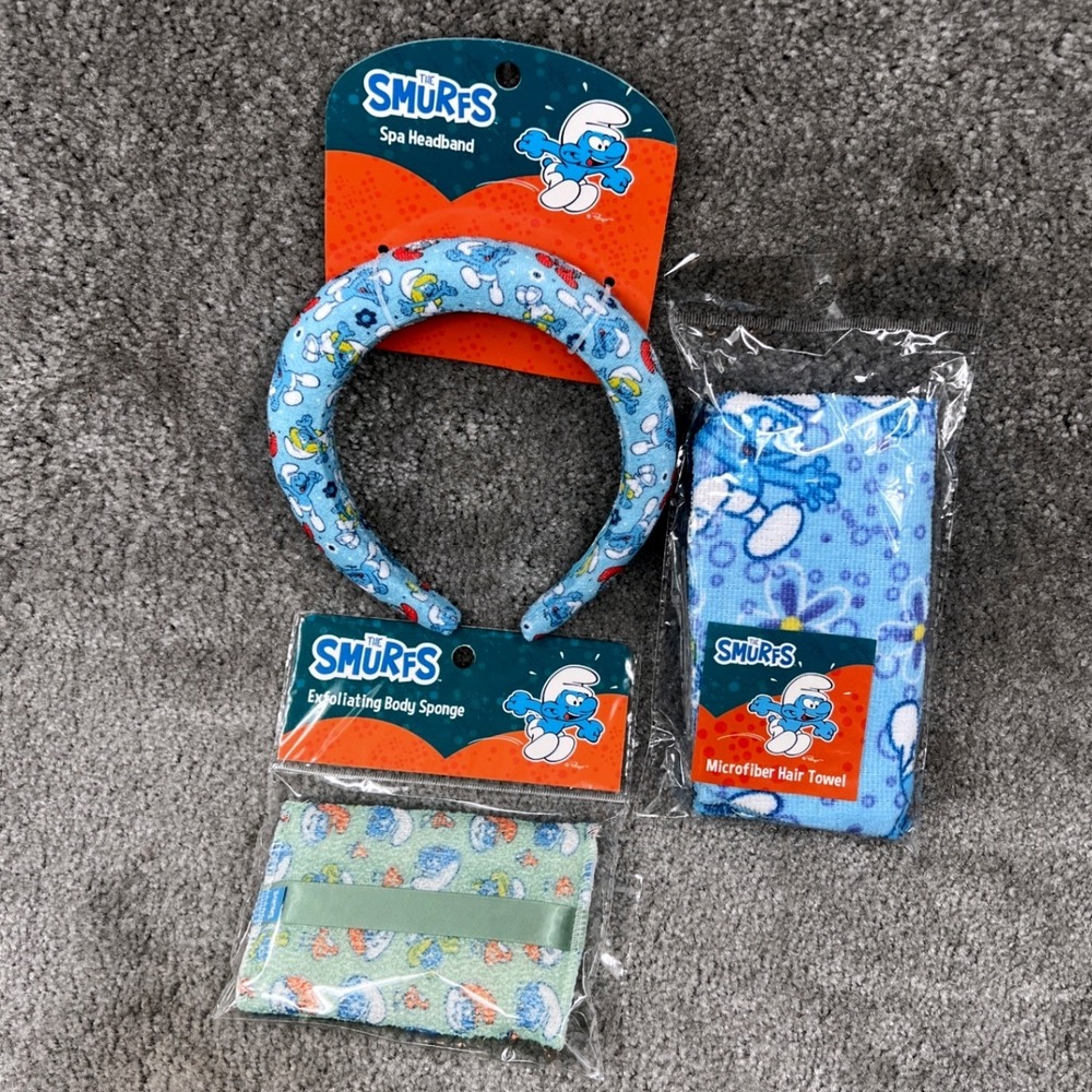The Smurfs Spa Set Headband Hair Towel‎ Exfoliating Sponge 3pc NEW